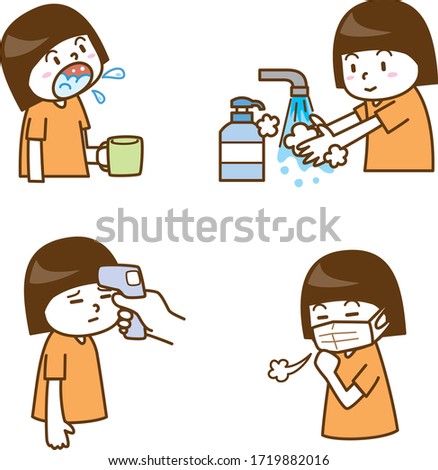Image illustration set for cold prevention (gargling, hand washing, temperature measurement, mask)