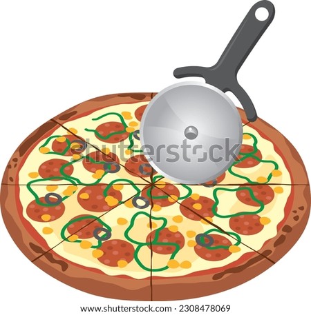 Image illustration of a pizza being cut with a cutter