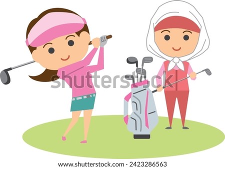 Image illustration of a woman playing golf and a caddy