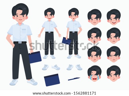 Asian student in formal uniform. Thai student. White shirt and Slacks. Student character on isolated background.