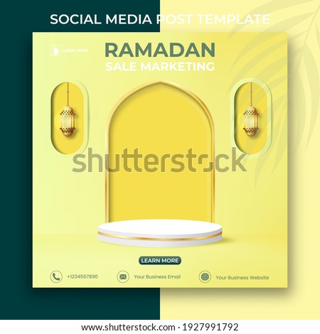 ramadan sale marketing banner. Editable social media post template. 3d Ramadan Kareem design with podium and lanterns.