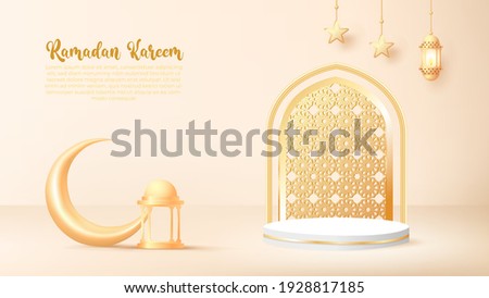 3d ramadan kareem background with golden lamp and podium.