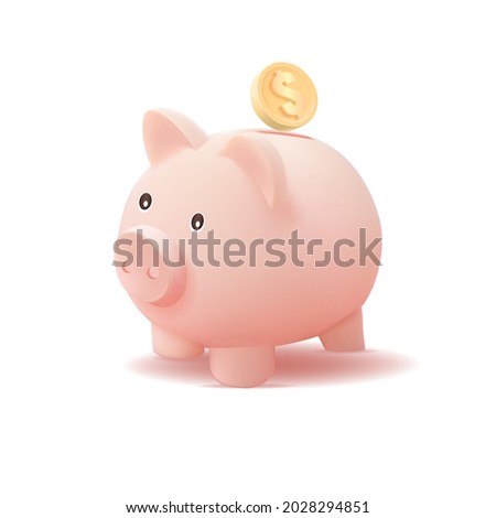 3d piggy bank with coin isolated on white background.