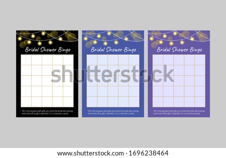 Set of cards for bridal shower game. Black, blue and purple bingo cards with glowing lamp garlands. Vector templates of 10*14 in size