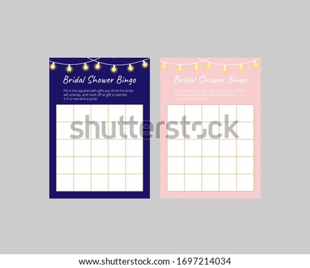 Collection of cute cards for bridal shower game. Bingo cards with glowing lamp garlands. Easy printable vector template: 10*14 in