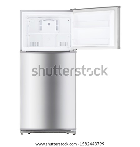 Open Refrigerator Isolated on White Background. Top Mount Fridge Freezer. Electric Kitchen and  Domestic Major Appliances. Front View of Stainless Steel Two Door Top-Freezer Fridge Freezer