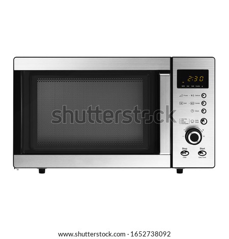 Microwave Oven Isolated on White Background. Stainless Steel Over-The-Range Microwave Grill 23L  800W with Control Lockout Option. Domestic Electric Kitchen Small Appliances Front View
