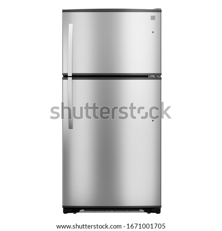 Top Mount Refrigerator Isolated on White Background. Modern Fridge Freezer. Electric Kitchen and Domestic Major Appliances. Front View of Stainless Steel Two Door Top-Freezer Fridge Freezer
