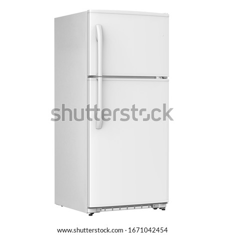 White Refrigerator Isolated on White Background. Modern Top Mount Fridge Freezer. Electric Kitchen and Domestic Major Appliances. Front Side View of Two Door Top-Freezer Fridge Freezer