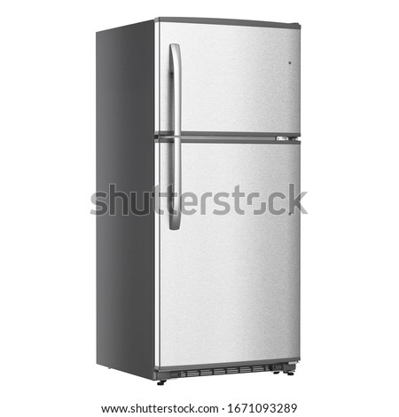 Top Mount Refrigerator Isolated on White Background. Modern Stainless Steel Fridge Freezer. Electric Kitchen and Domestic Major Appliances. Front View of Two Door Top-Freezer Fridge Freezer