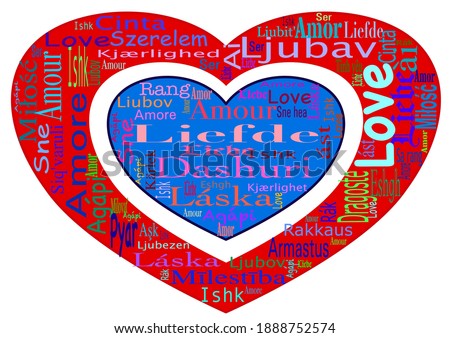 Word cloud with the word love in different languages (for example: liefde, amor, amour, Liebe, amore, Ag´api) on transparent background. Hearts in the colors of the Dutch flag: red, white and blue