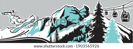 A snowboarder rides on a board against the background of forest mountains and a cable car. Horizontal three-color panoramic vector image. 