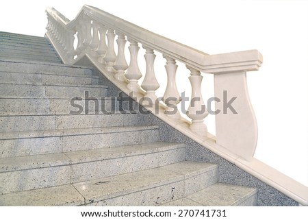 fragment of marble stairs, railings, balusters, white background, isolated