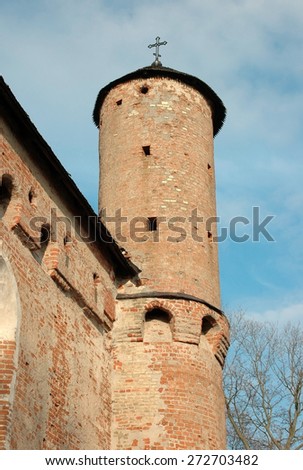 architecture. fragment of an old brick church tower, gothic, Orthodoxy