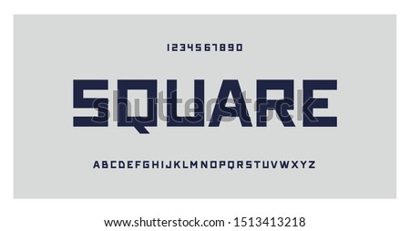 Square typography. Geometric font typeface, numbers and letters set. Creative alphabet. Vector illustration. For technology, gaming, sports and architecture subjects.