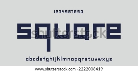 Square typography. Geometric font typeface, numbers and letters set. Small lettering. Creative alphabet. Vector illustration. For technology, gaming, sports and architecture subjects.
