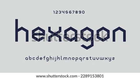Hexagonal typography. Geometric font typeface, set of numbers and letters. Small lettering. Creative alphabet. Vector illustration. For technology, gaming, and architecture subjects.