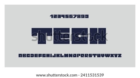 Tech font. Futuristic alphabet for technology, engineering, architecture, science, gaming, music, and sport. Printed circuit board. Squared letters and numbers. Abstract background. Art illustration.