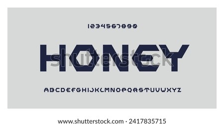 Honey Font. Letters and numbers for honey logo, branding, company and label design. Hexagon honeycomb cell style. Symbol of honey bee. Geometric Alphabet. Abstract background.