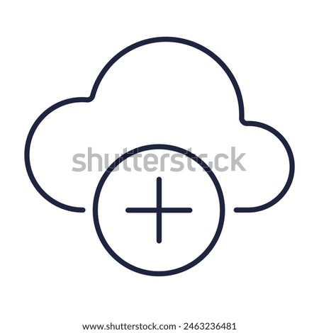 Cloud computing with a plus line icon. Internet data storage symbol for web and mobile.. Add file outline logo isolated on white background. Editable vector stroke. Pixel Perfect.