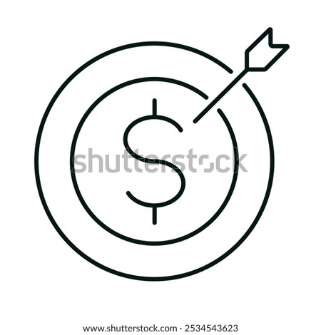 Dollar target icon for web, website or mobile app. Finance, business strategy, financial goals, money or investment concept. Line logo on white background. Editable vector stroke. Pixel Perfect.