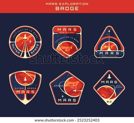 Mars exploration badge set, vector sticker, emblem, space label logo