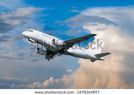 Similar – Image, Stock Photo Plane flying on the sky between the clouds in a minimalistic image with a saturated blue color