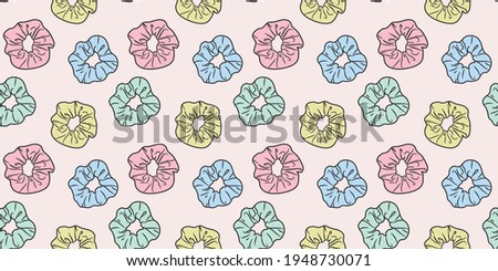 Colorful scrunchies repeat pattern, hair tie seamless design with scrunchy elements, girly background, cute wallpaper