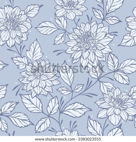Elegant blue floral vector pattern with dahlia illustrations, flower background with a winter color theme. Large print vintage monochromatic botanical textile or wallpaper design, seamless repeat tile
