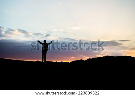 standing female figure with sunset background