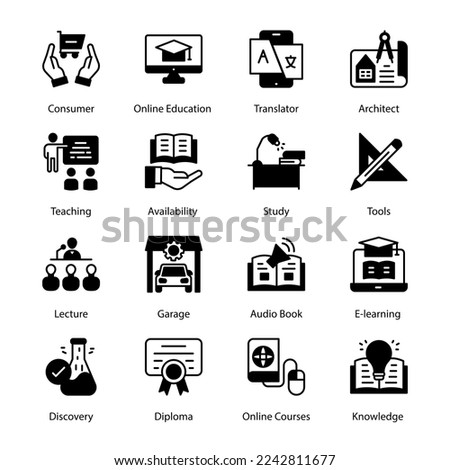 University, Ebook, Literature Exchange, Library, Distance Learning, Homework, Back To School, Test, Sharing Idea, Study Programme, Mathematics, Biology, Find House, Glyph Icons - Solid, Vectors