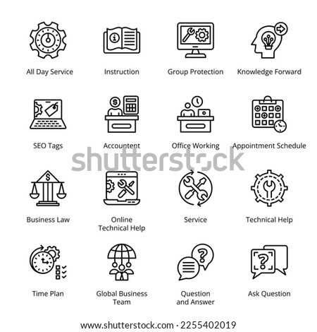 All Day Service, Instruction, Maintenance, Knowledge Forward, Business Law, Online Technical Help, Service, Technical Help, Question and Answer, Ask Question, Outline Icons - Stroked, Vectors