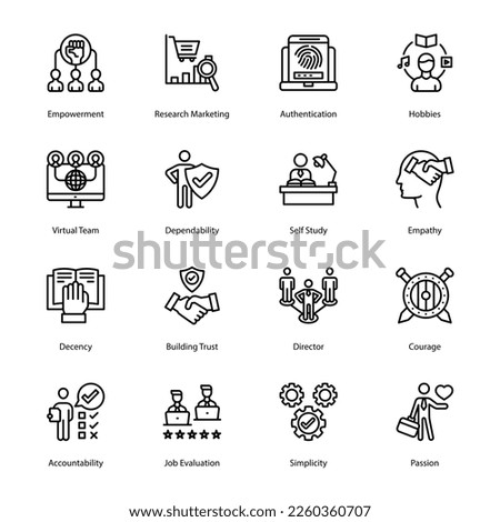 Empowerment, Research Marketing, Authentication, Hobbies, Virtual Team, Dependability, Self Study, Empathy, Decency, Building Trust, Director, Outline Icons - Stroked, Vectors