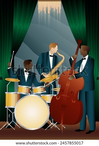 Jazz musicians on a universal background. Double bass, saxophone, drum. Musicians play musical instruments
