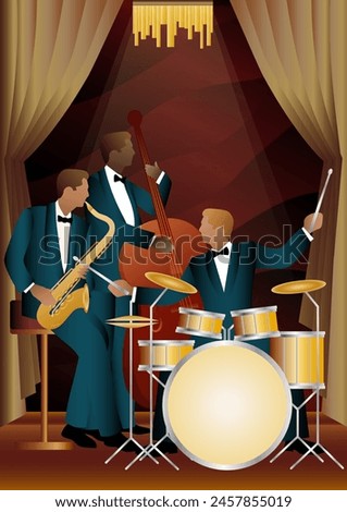 Jazz musicians on a universal background. Double bass, saxophone, drum. Musicians play musical instruments