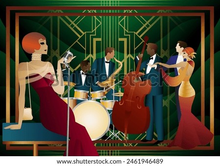 Jazz musicians, singer and dancers on a universal background. Double bass, saxophone, drum. Musicians play musical instruments