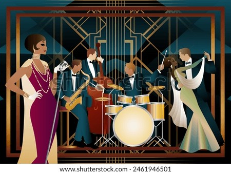 Jazz musicians, singer and dancers on a universal background. Double bass, saxophone, drum. Musicians play musical instruments