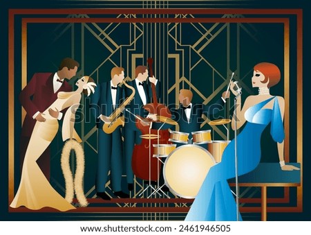 Jazz musicians, singer and dancers on a universal background. Double bass, saxophone, drum. Musicians play musical instruments