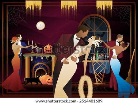 Retro Halloween party flyer. Retro couple of dancers, man and woman, characters in 30s-40s style. Day of the Dead concept