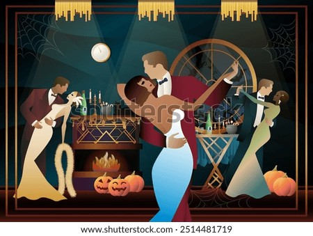 Retro Halloween party flyer. Retro couple of dancers, man and woman, characters in 30s-40s style. Day of the Dead concept