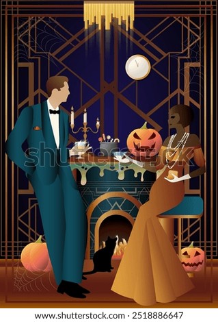 Retro Halloween party flyer. Retro couple, man and woman, characters in 30s-40s style. Day of the Dead concept