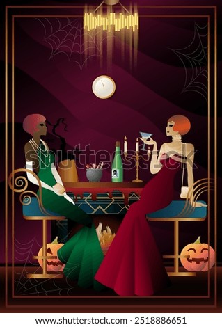 Retro Halloween party flyer. Retro couple, man and woman, characters in 30s-40s style. Day of the Dead concept