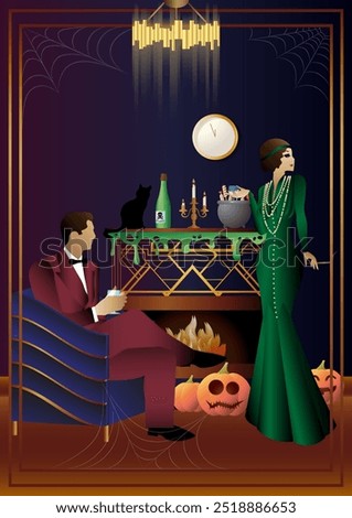 Retro Halloween party flyer. Retro couple, man and woman, characters in 30s-40s style. Day of the Dead concept