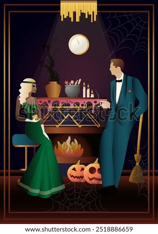 Retro Halloween party flyer. Retro couple, man and woman, characters in 30s-40s style. Day of the Dead concept