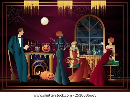 Retro Halloween party flyer. Retro couple, man and woman, characters in 30s-40s style. Day of the Dead concept