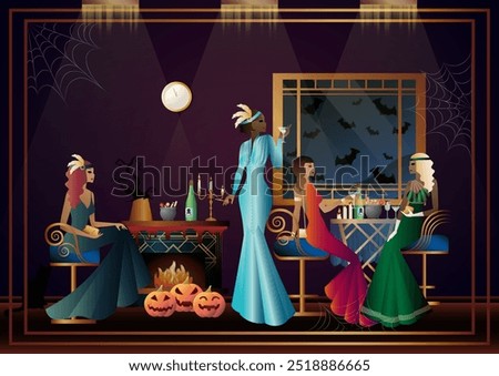 Retro Halloween party flyer. Retro couple, man and woman, characters in 30s-40s style. Day of the Dead concept