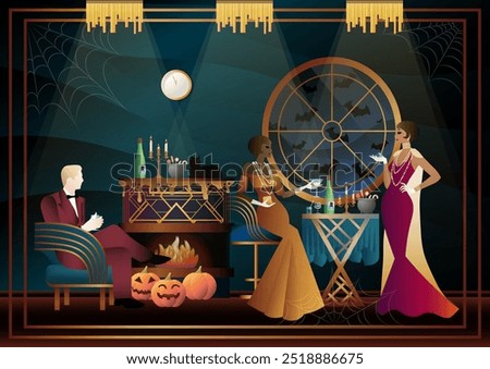 Retro Halloween party flyer. Retro couple, man and woman, characters in 30s-40s style. Day of the Dead concept