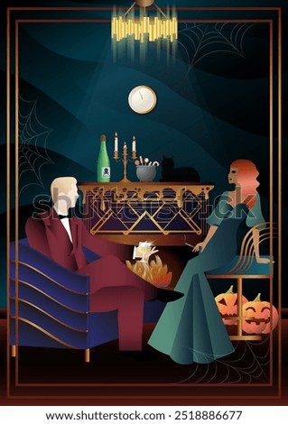 Retro Halloween party flyer. Retro couple, man and woman, characters in 30s-40s style. Day of the Dead concept