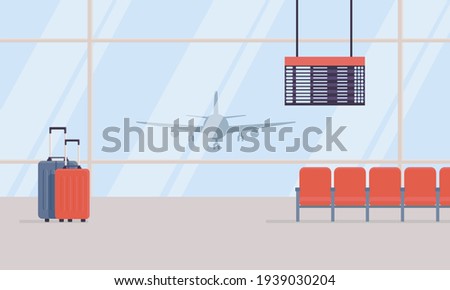 Modern interior of airport. Two travel suitcases, chairs, scoreboard in waiting area of airport terminal. Large windows, plane in background. Concept of  vacation or business trip. Vector illustration