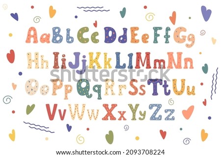 Cute alphabet letters with hearts, colored doodles on white background. Cartoon style. Vector illustration for children. Wrapping paper, decoration, design of nursery	